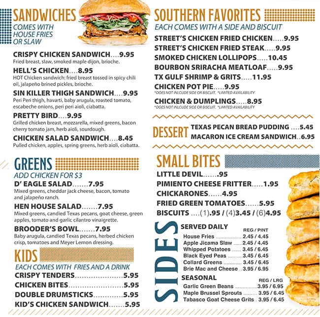 Menu of Street's Fine Chicken, North Dallas, Dallas  