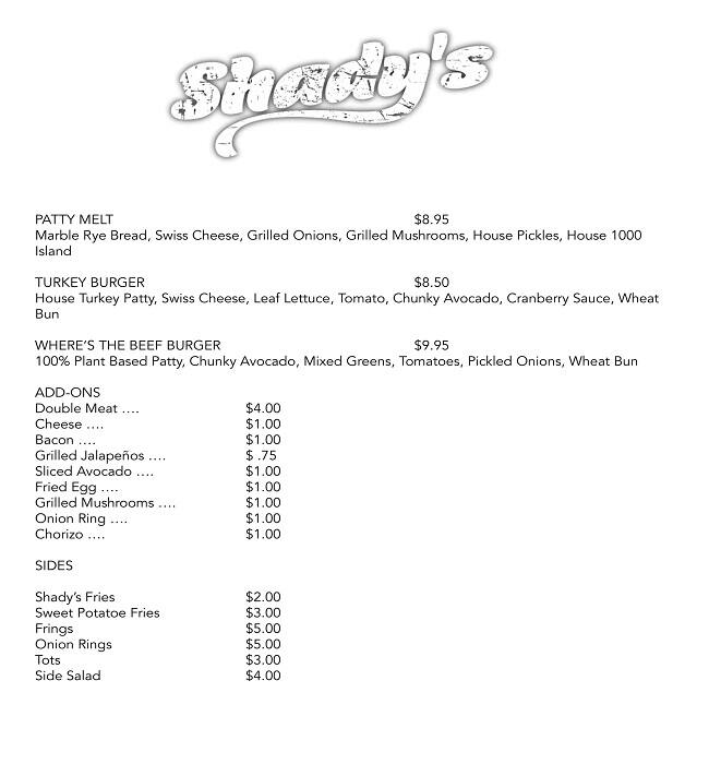 Menu of Shady's Burgers & Brewhaha, Lake Highlands, Dallas  
