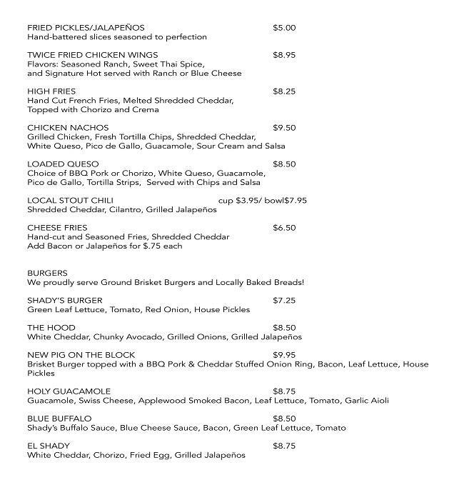 Menu of Shady's Burgers & Brewhaha, Lake Highlands, Dallas  