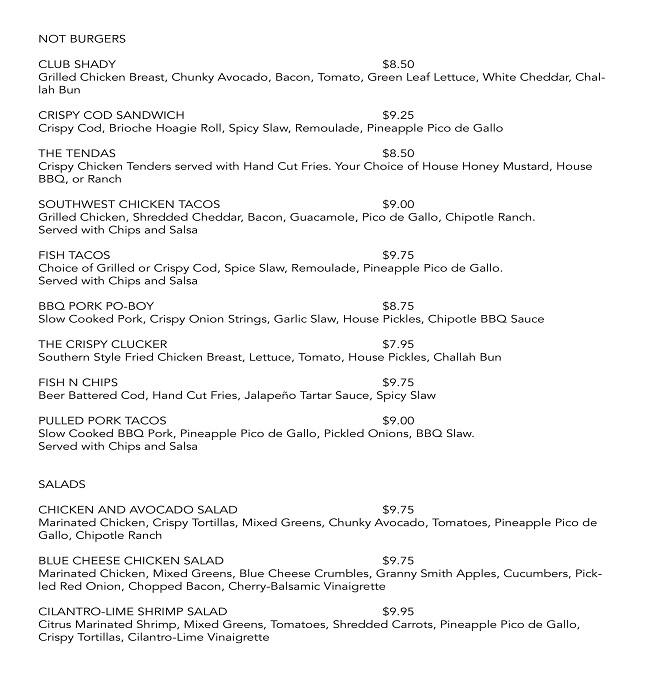 Menu of Shady's Burgers & Brewhaha, Lake Highlands, Dallas  