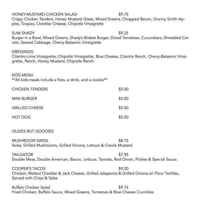 Menu of Shady's Burgers & Brewhaha, Lake Highlands, Dallas  