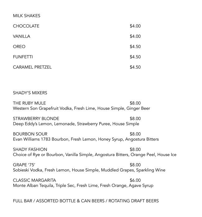 Menu of Shady's Burgers & Brewhaha, Lake Highlands, Dallas  