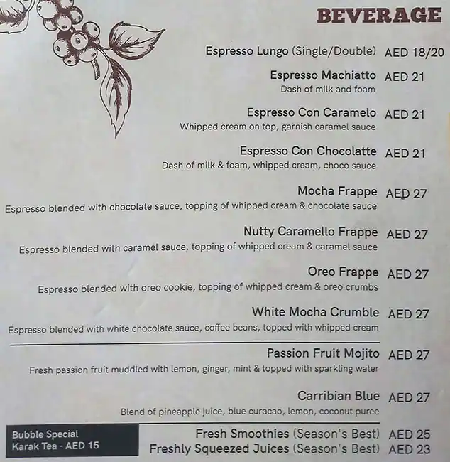 Cafe Bubble Lounge Menu in Jumeirah 3, Dubai 