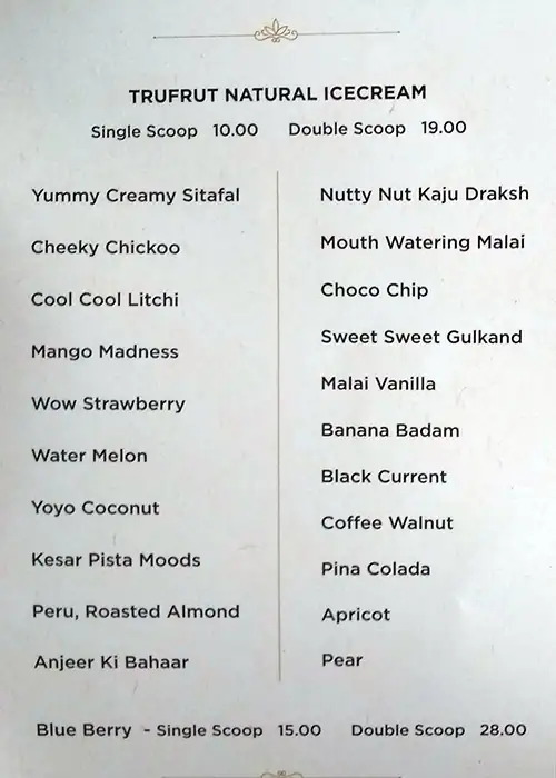 Tru Frut Natural Ice Cream Menu 