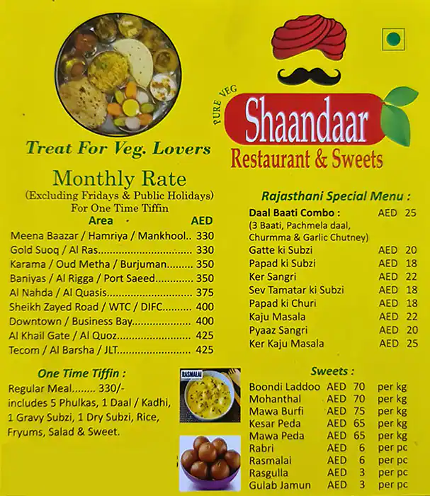 Shaandaar Restaurant & Sweets Menu 