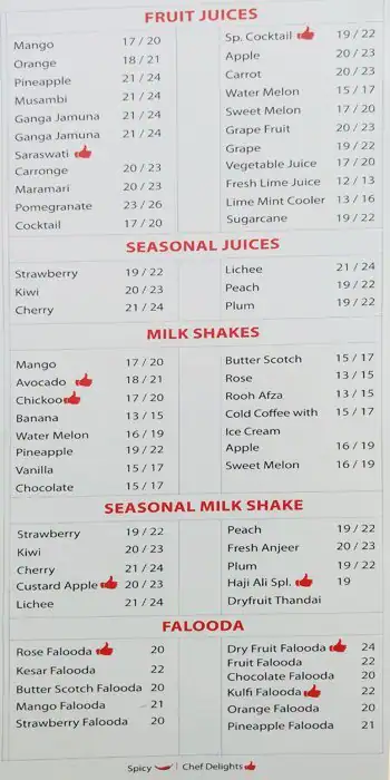 Haji Ali Juice Center - Pearl Creek Hotel Menu 