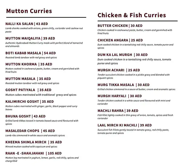 Shahran Fine Hyderabad Cuisine Menu 