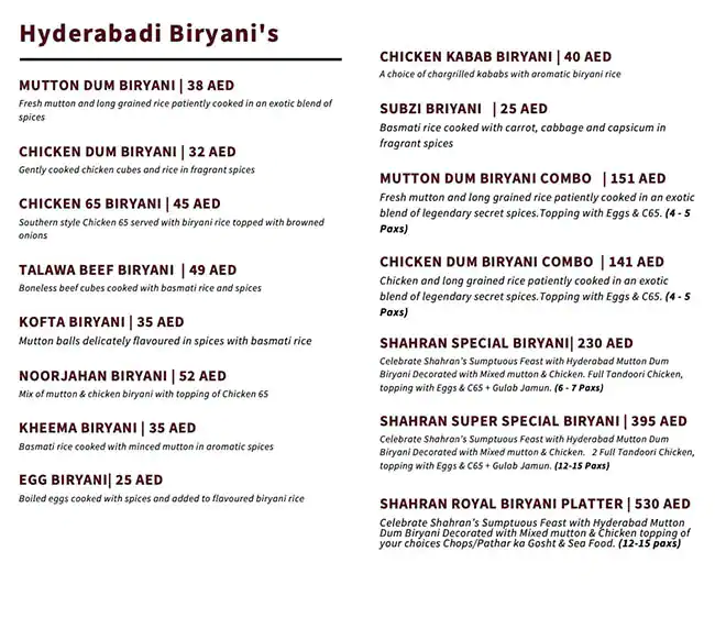 Shahran Fine Hyderabad Cuisine Menu 