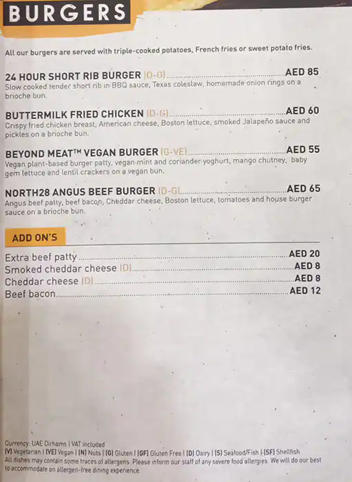 North 28 Menu in Mall of the Emirates, Al Barsha, Dubai 