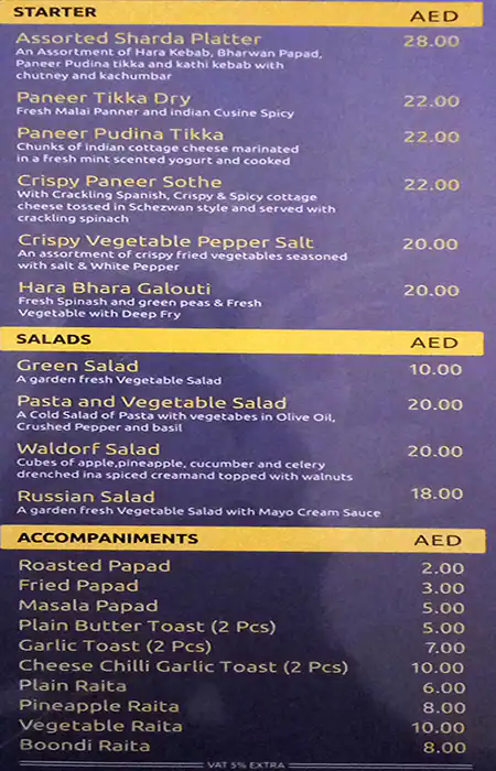 Sharda Vegetarian Restaurant Menu 