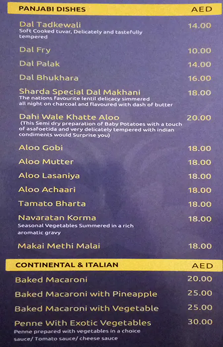 Sharda Vegetarian Restaurant Menu 