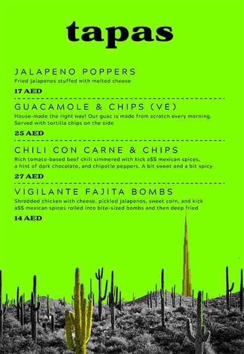 Vigilante Mexican Kitchen – Tacos Menu in Burj Khalifa Area 