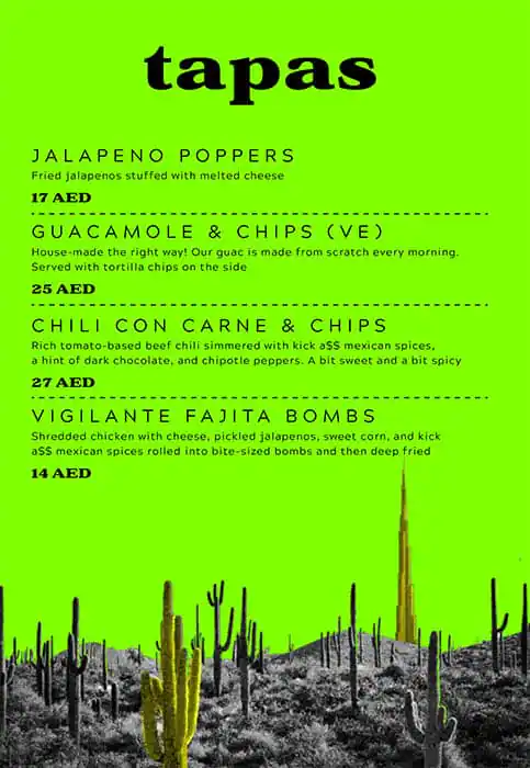 Vigilante Mexican Kitchen – Tacos Menu in New Dubai 