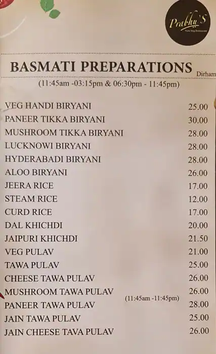 Prabhu's - برابوز Menu in Mankhool, Dubai 