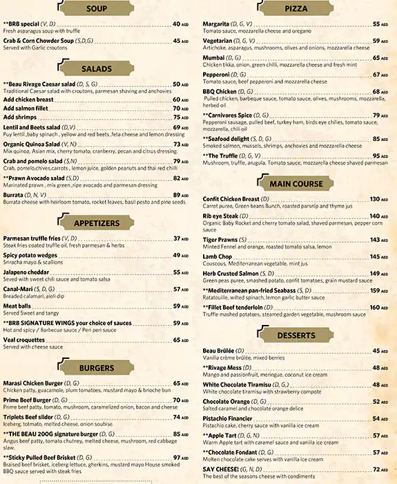 Beau Rivage Bistro Menu in Grand Millennium Hotel, Business Bay, Dubai 