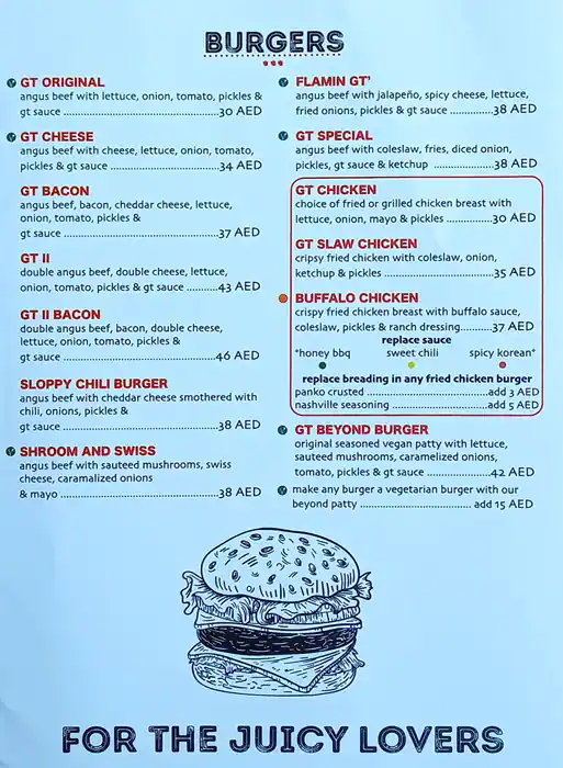 GT Burger Menu in Dubai Media City, Dubai 