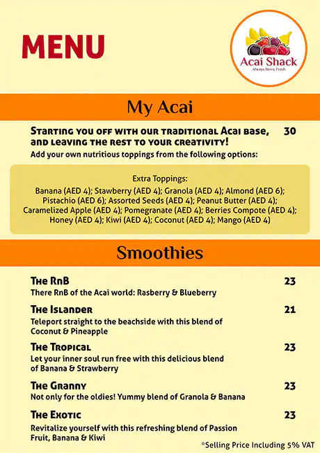 All Things Acai Menu in Burj Khalifa Area 