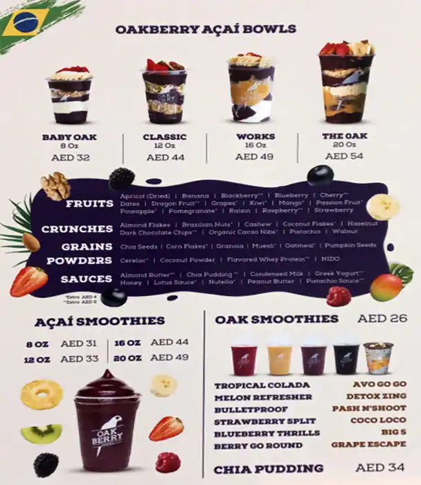 Oakberry Acai Bowls Menu in Jumeirah Lake Towers (JLT), Dubai 