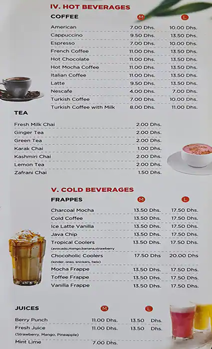 Roadside Cafe Menu in Mankhool, Dubai 