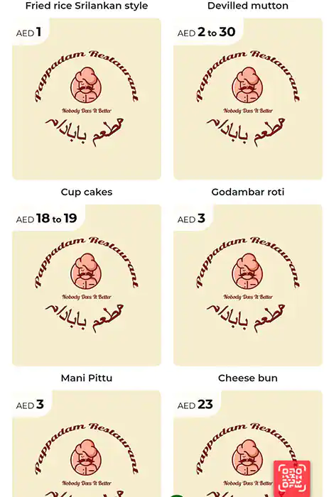 Pappadam Restaurant Menu in Al Karama, Dubai 