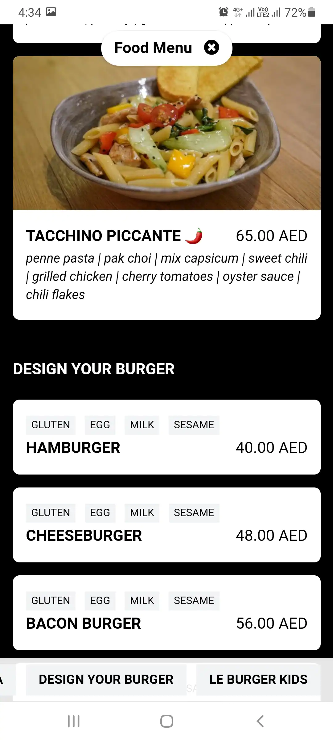 Le Burger Restaurant Menu in Mall of the Emirates, Al Barsha, Dubai 