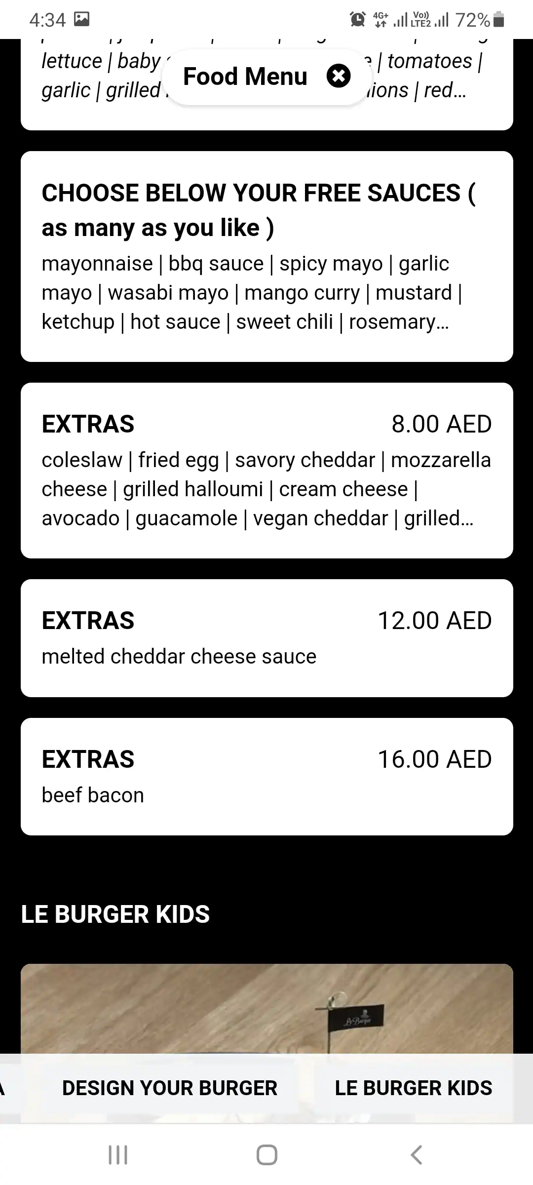 Le Burger Restaurant Menu in Mall of the Emirates, Al Barsha, Dubai 