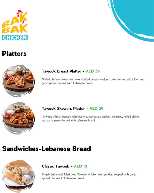 BAK BAK Chicken Menu in New Dubai 