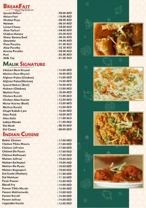 Malik Nehari & Biryani Restaurant Menu 