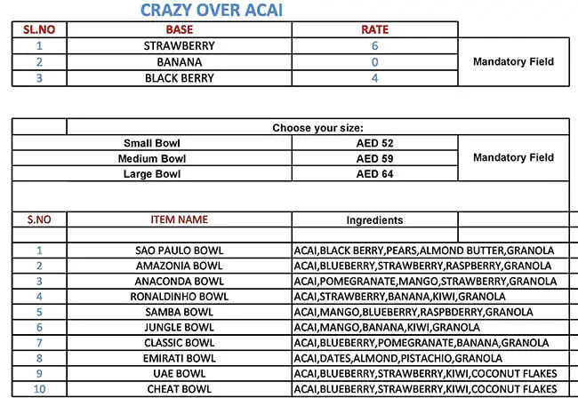 Crazy Over Acai Menu in New Dubai 