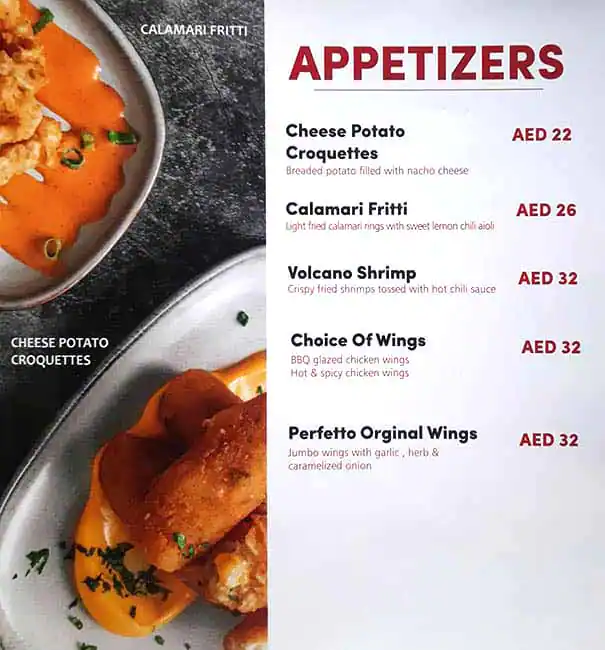 Perfetto Pizzeria Menu in Jumeirah Village, Dubai 