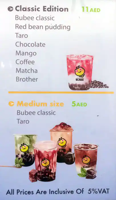 Bubee Drinks Cafe Menu in Al Karama, Dubai 