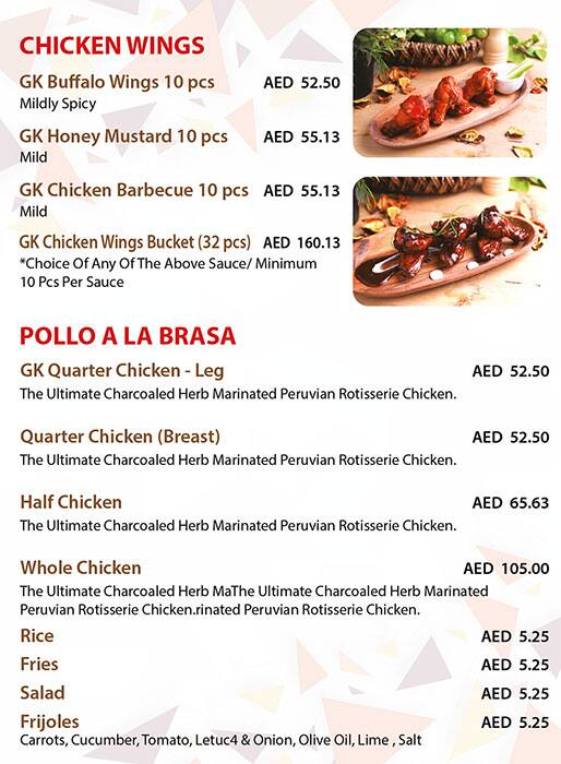 GK Chicken Restaurant Menu in New Dubai 