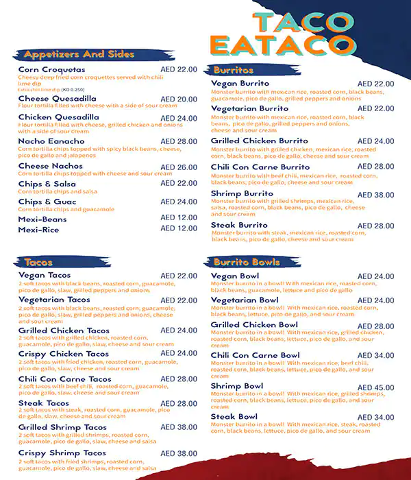 Taco Eataco Menu in New Dubai 