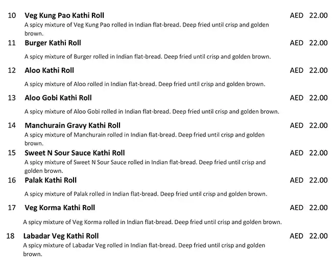 Kathi Roll Express Menu in Jumeirah 