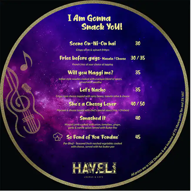 Haveli Lounge & Cafe Menu in The Atrium - Al Habtoor City, Dubai 