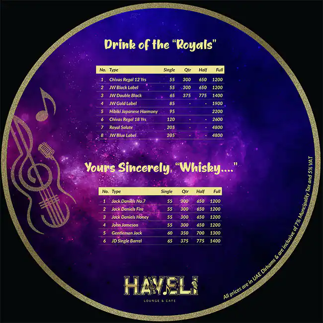 Haveli Lounge & Cafe Menu in The Atrium - Al Habtoor City, Dubai 