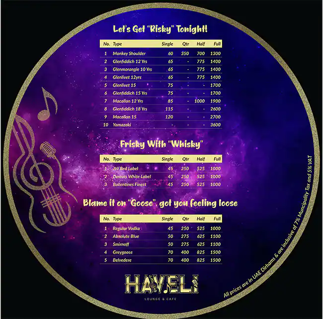 Haveli Lounge & Cafe Menu in The Atrium - Al Habtoor City, Dubai 