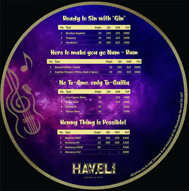 Haveli Lounge & Cafe Menu in The Atrium - Al Habtoor City, Dubai 