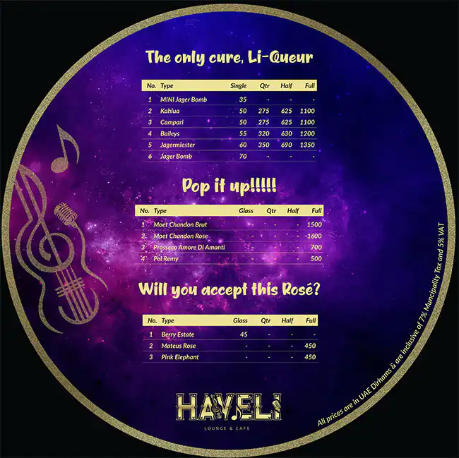 Haveli Lounge & Cafe Menu in The Atrium - Al Habtoor City, Dubai 