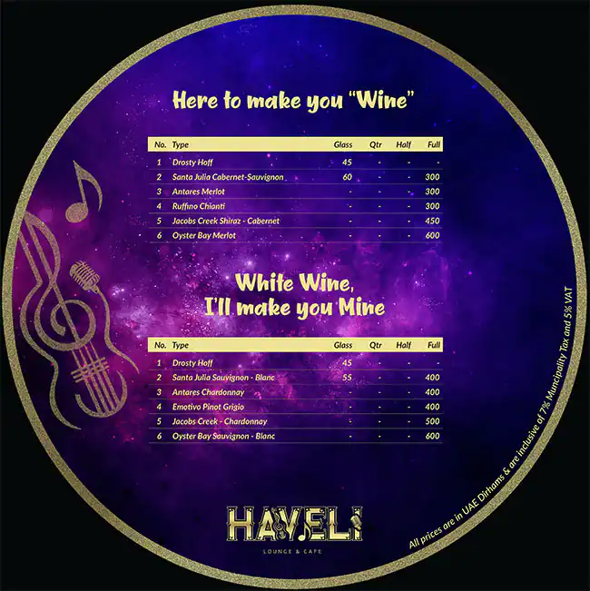 Haveli Lounge & Cafe Menu in The Atrium - Al Habtoor City, Dubai 