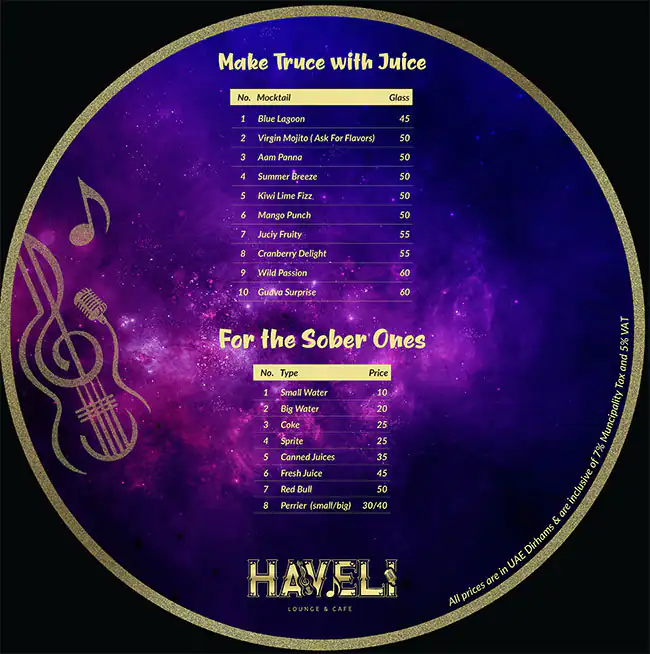 Haveli Lounge & Cafe Menu in The Atrium - Al Habtoor City, Dubai 