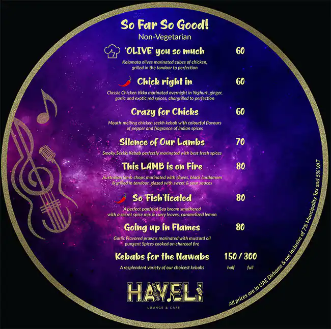 Haveli Lounge & Cafe Menu in The Atrium - Al Habtoor City, Dubai 