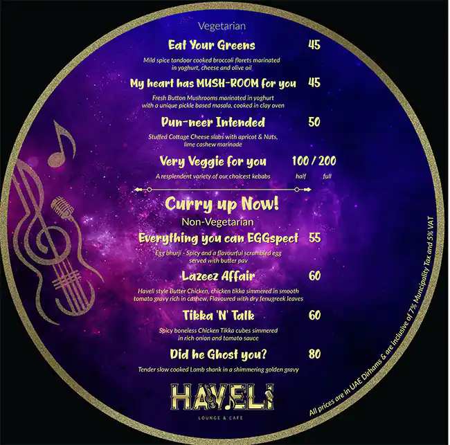 Haveli Lounge & Cafe Menu in The Atrium - Al Habtoor City, Dubai 