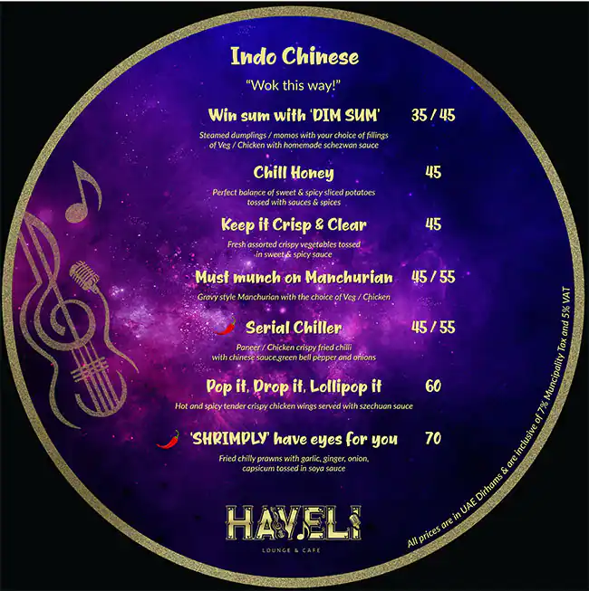 Haveli Lounge & Cafe Menu in The Atrium - Al Habtoor City, Dubai 