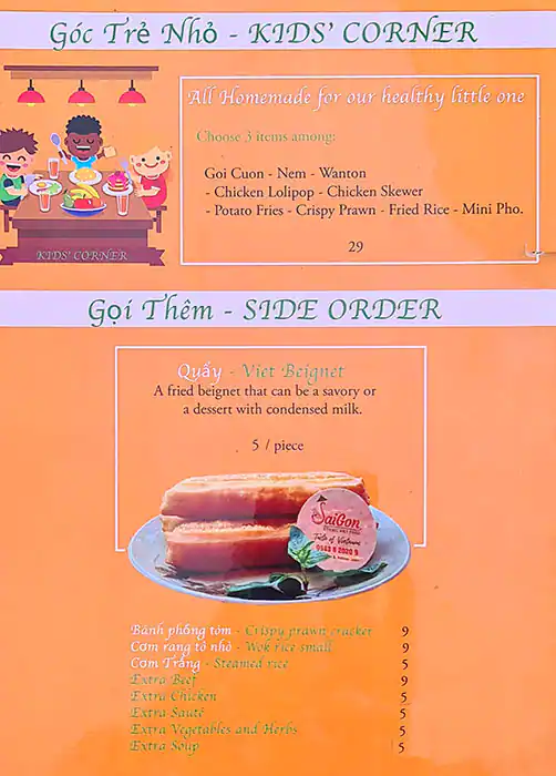 Saigon - Taste of Vietnam Menu 