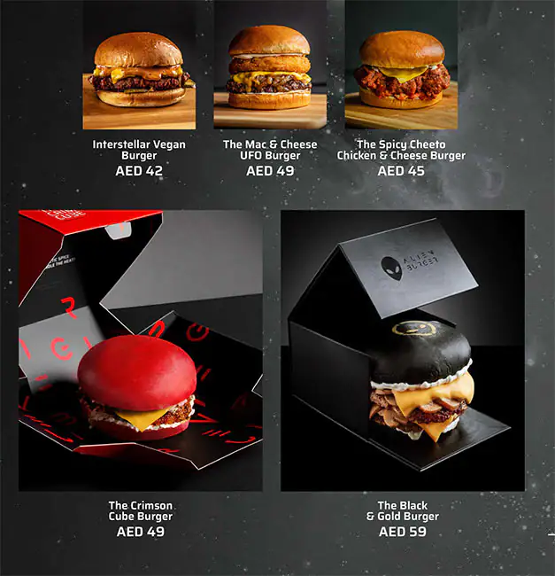 Alien Burger Menu in Outer Dubai 