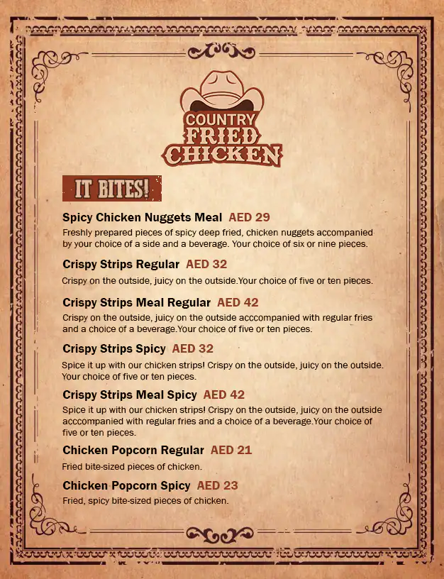 Country Fried Chicken Menu in Jumeirah 