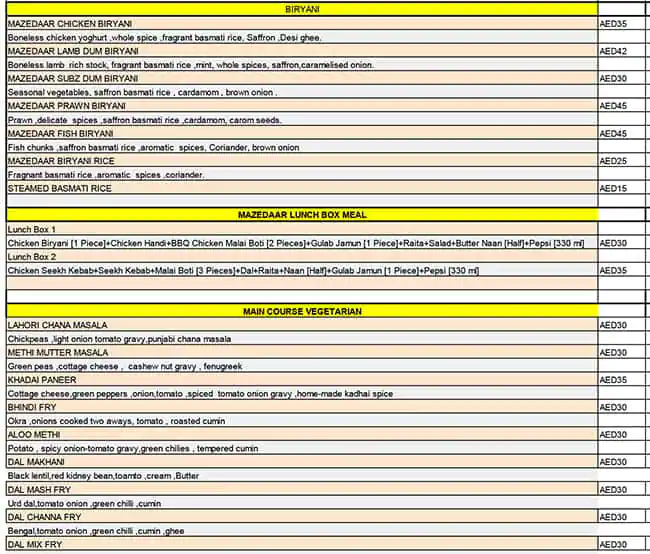 Mazedaar Biryani Restaurant Menu 