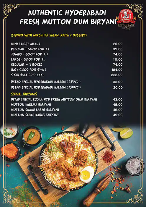 Hyderabadi Ustad Biryani Menu in Al Karama, Dubai 