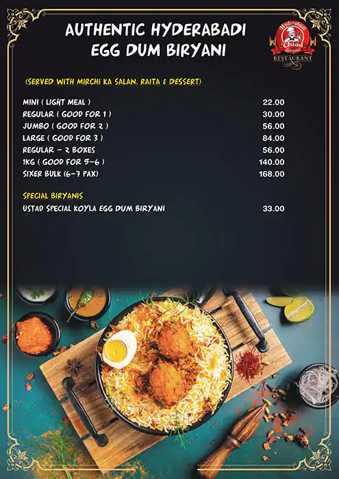 Hyderabadi Ustad Biryani Menu in Al Karama, Dubai 